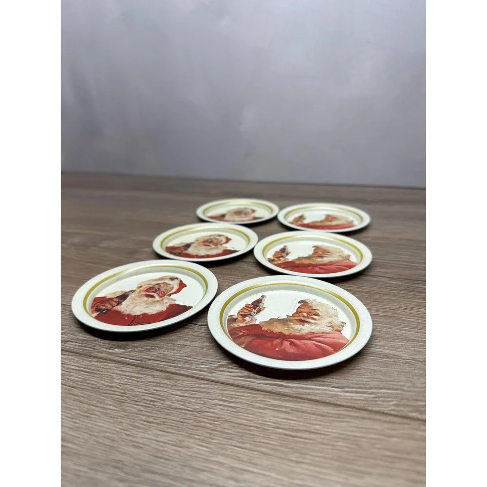 VTG 1983 Ohio Art Metal Coca Cola Santa Coasters Set of 6 Holiday Retro Barware